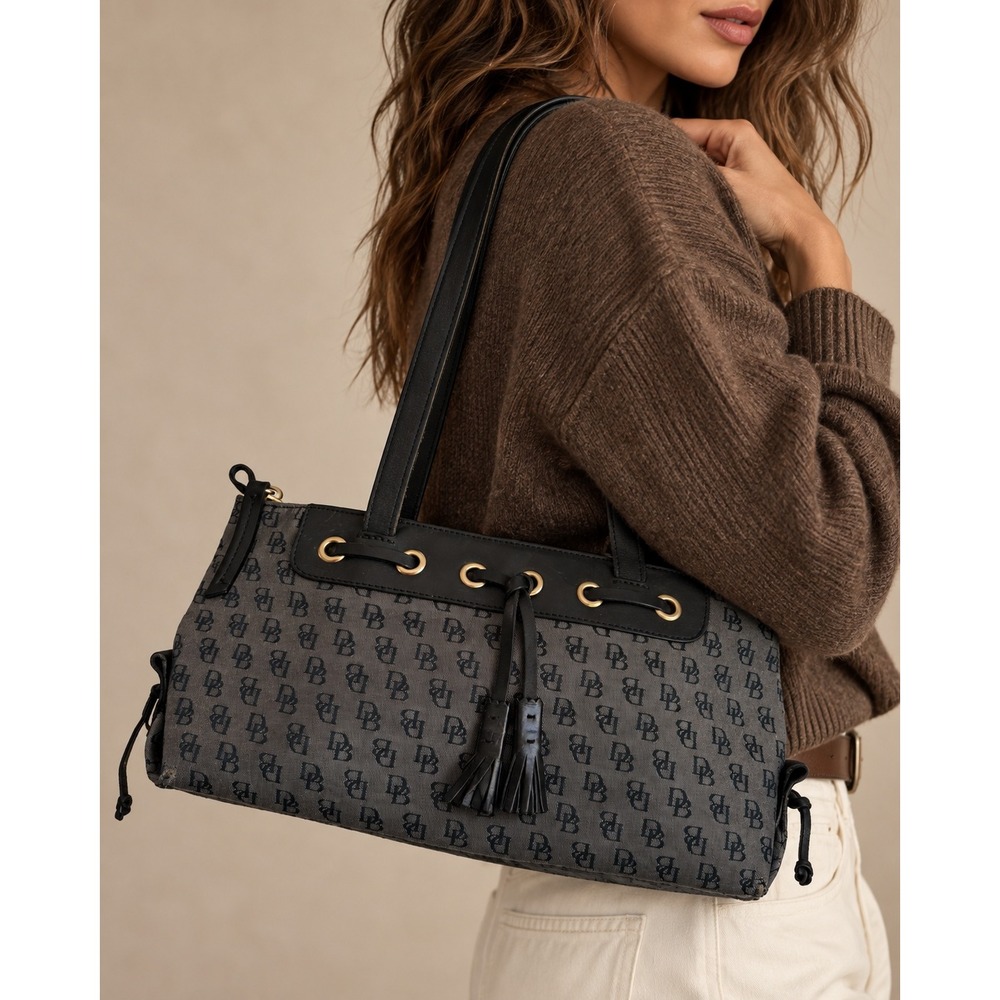 Dooney & Bourke Signature Monogram Canvas Shoulder Bag Grey Black Tassel Trim